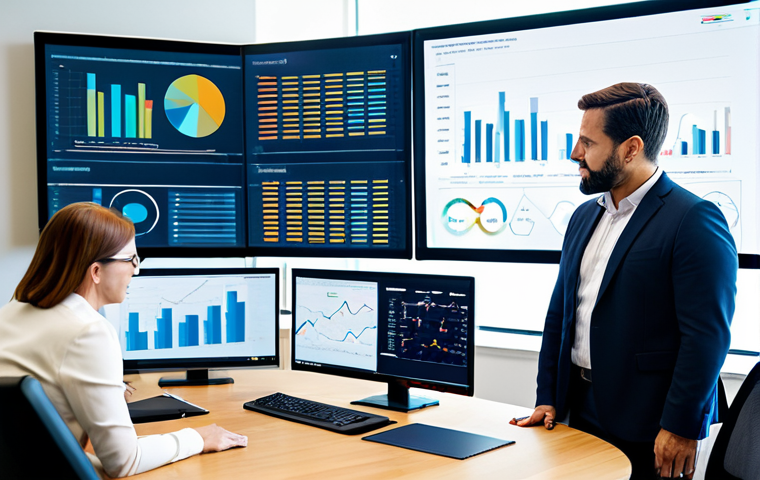 A diverse group of financial professionals, including an actuary and a product manager, in a modern, well-lit office collaborating around a large screen displaying complex data visualizations and predictive analytics models. They are fully clothed in professional business attire and modest clothing, engaged in a focused discussion, showcasing cross-functional collaboration and strategic insight. The atmosphere is innovative and forward-looking, highlighting the evolution of financial roles. This image is safe for work, appropriate content, with perfect anatomy, correct proportions, well-formed hands, and a natural pose. It represents professional development and high-quality, family-friendly business photography.