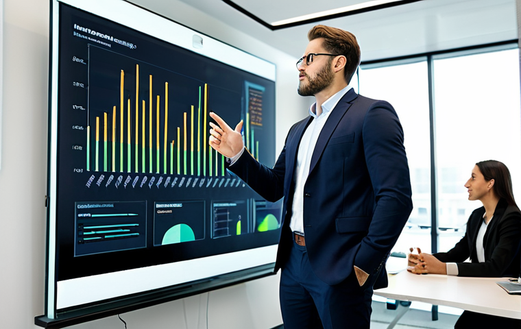 A professional male actuary in a modern, modest business suit, standing confidently in a sleek, well-lit conference room, gesturing towards a large digital display showing abstract data visualizations, engaging in a clear and concise explanation to a diverse group of attentive colleagues. The scene emphasizes human intuition and strategic communication in financial analysis. The actuary maintains a natural pose with perfect anatomy, correct proportions, well-formed hands, and proper finger count. Fully clothed, appropriate attire, professional dress, safe for work, appropriate content, professional photography, high quality.