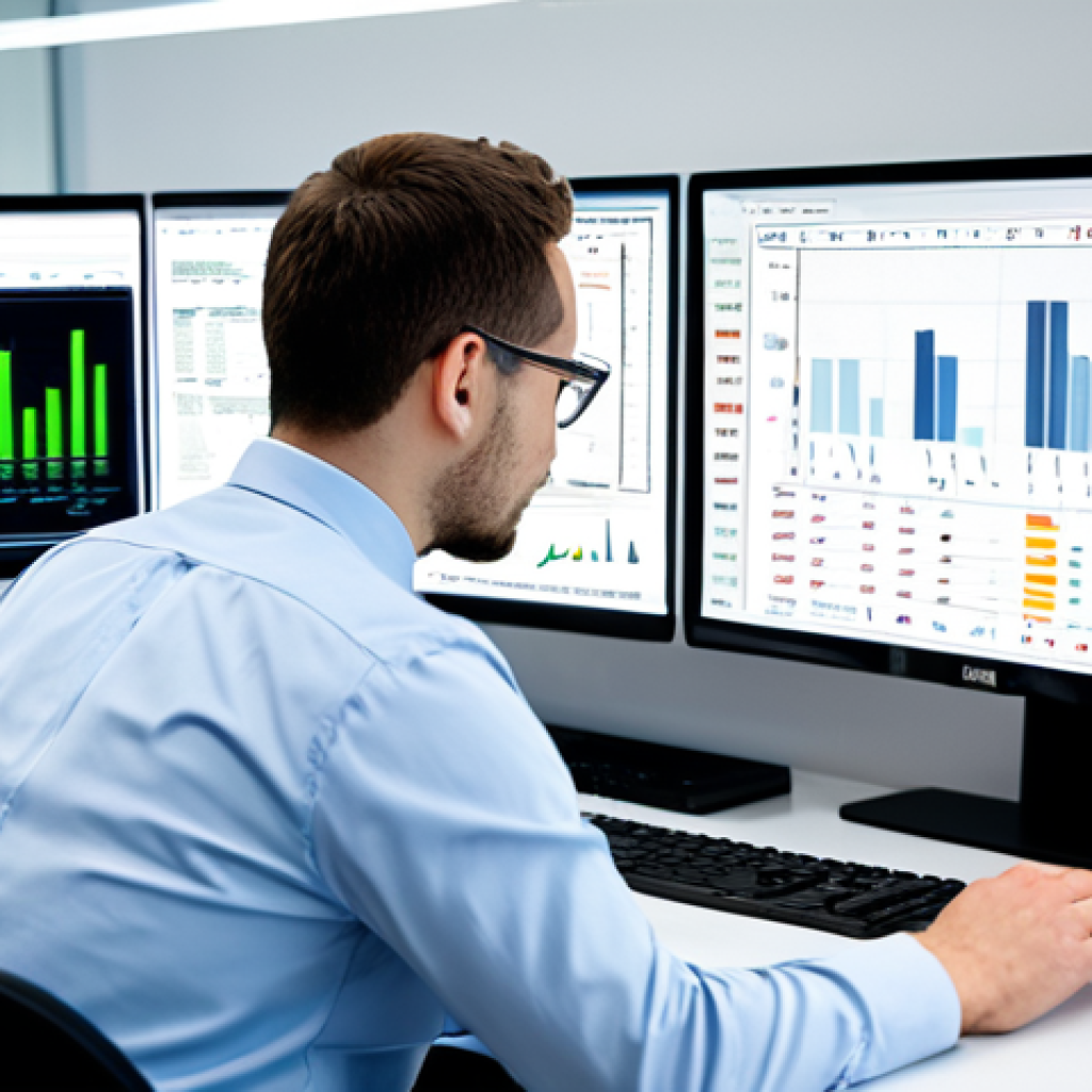 A focused professional actuary, fully clothed in a modest business suit, intently analyzing complex data visualizations on multiple large monitors in a clean, modern office environment. The screens display intricate graphs, financial models, and predictive analytics dashboards. The actuary is seated at a professional desk with well-formed hands on a keyboard, natural pose, perfect anatomy, correct proportions. The background is a blurred, bright office space, suggesting innovation and technological integration. Appropriate attire, safe for work, appropriate content, professional, high-quality professional photography.