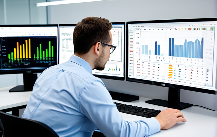 A focused professional actuary, fully clothed in a modest business suit, intently analyzing complex data visualizations on multiple large monitors in a clean, modern office environment. The screens display intricate graphs, financial models, and predictive analytics dashboards. The actuary is seated at a professional desk with well-formed hands on a keyboard, natural pose, perfect anatomy, correct proportions. The background is a blurred, bright office space, suggesting innovation and technological integration. Appropriate attire, safe for work, appropriate content, professional, high-quality professional photography.