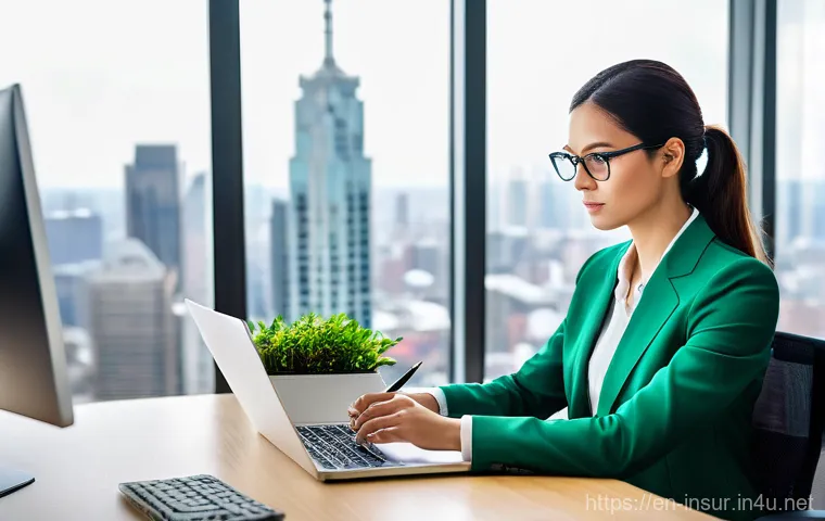 보험계리사 합격 후 취업 루트 - **Prompt:** A highly focused female actuary in her mid-30s, dressed in a sharp, modern business suit...