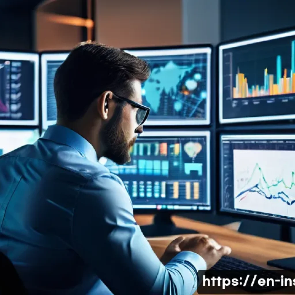 보험계리사와 종합보험 설계 - A professional actuary working in a modern office filled with multiple large monitors displaying com...