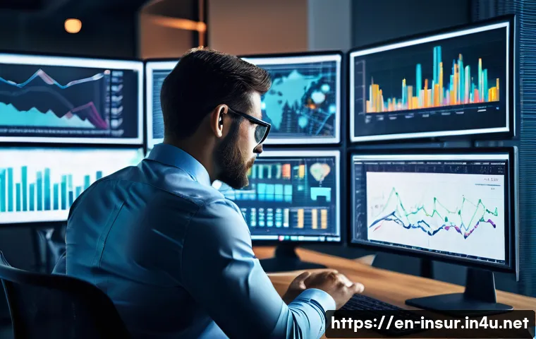 보험계리사와 종합보험 설계 - A professional actuary working in a modern office filled with multiple large monitors displaying com...