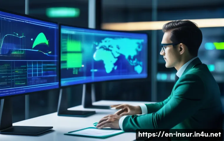 보험계리사와 모바일 보험 플랫폼 - A modern insurance analyst&rsquo;s workspace featuring multiple transparent digital screens displaying com...
