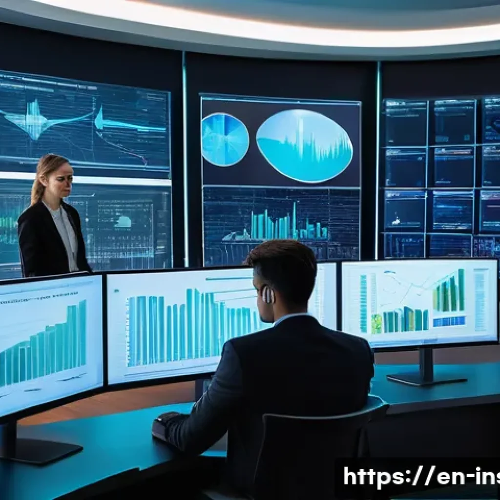 보험계리사와 보험 통합 관리 - A modern insurance office environment featuring diverse actuaries analyzing large transparent digita...