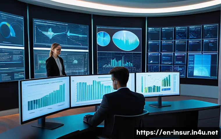 보험계리사와 보험 통합 관리 - A modern insurance office environment featuring diverse actuaries analyzing large transparent digita...