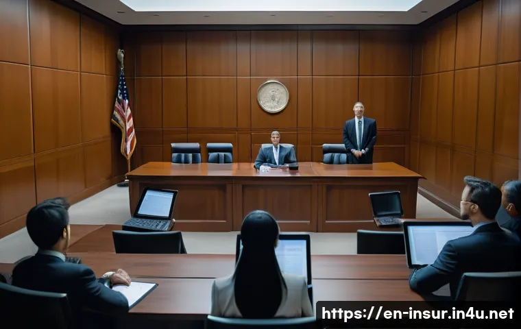 보험계리사와 보험 소송 사례 - A professional courtroom scene featuring an actuary expert testifying before a judge and jury, with ...