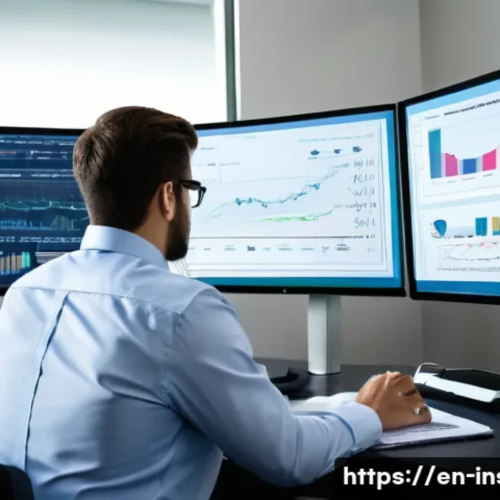 보험계리사와 계약자 혜택 분석 - A professional actuary in a modern office environment, analyzing complex data on multiple computer s...