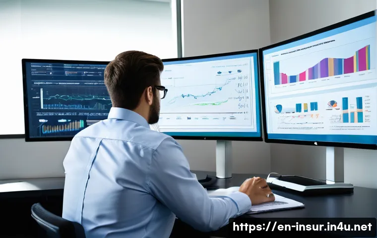 보험계리사와 계약자 혜택 분석 - A professional actuary in a modern office environment, analyzing complex data on multiple computer s...