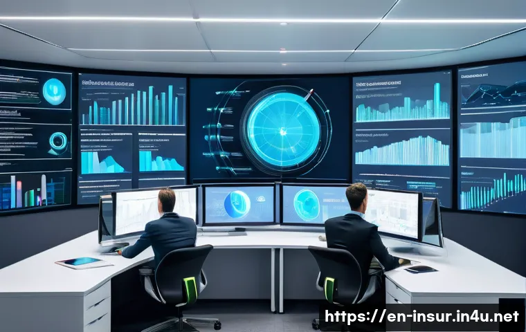 보험계리사와 보험사 경쟁력 강화 - A modern insurance office environment showing a diverse team of actuaries and data scientists collab...