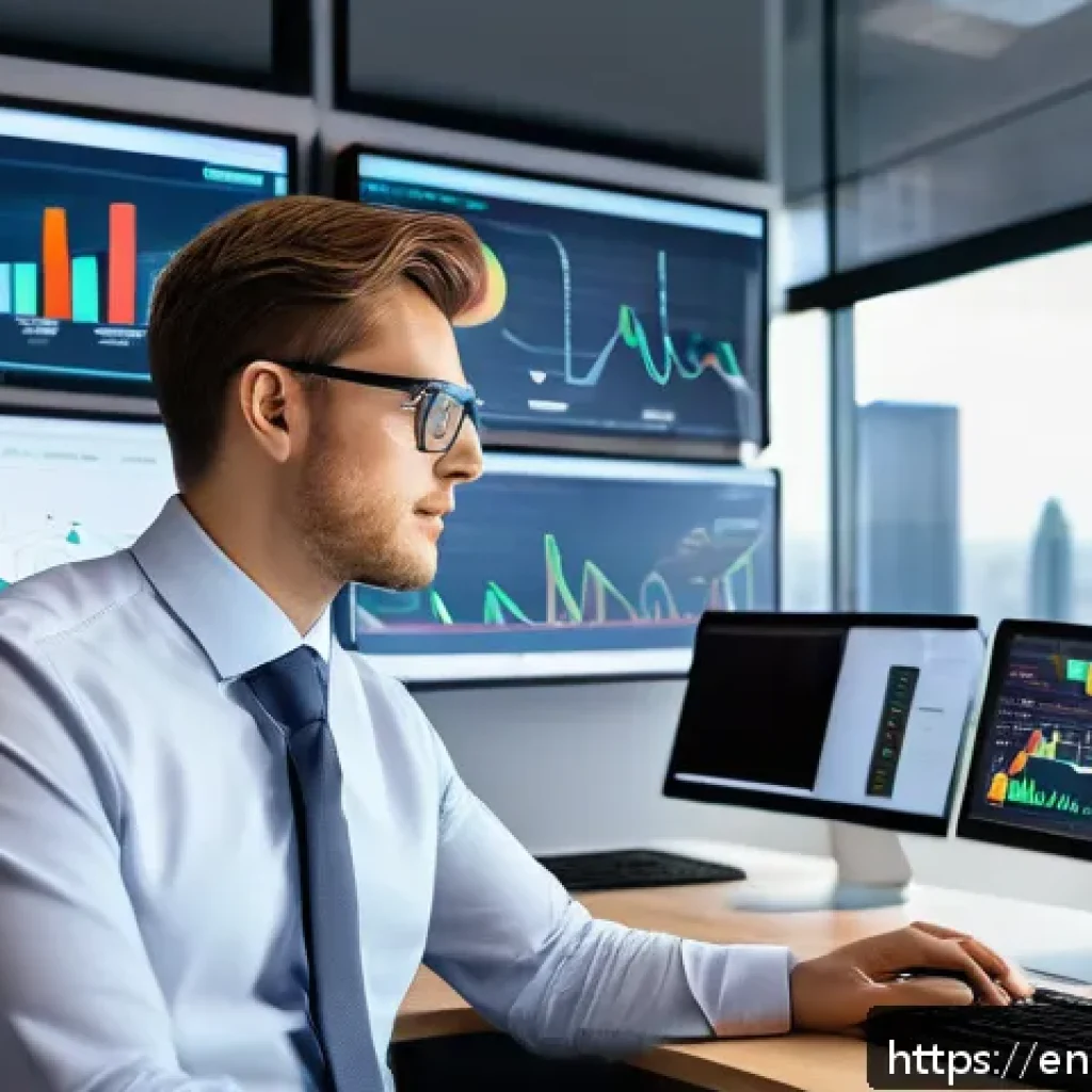 보험계리사와 실적 평가 기준 - A professional actuary working in a modern office environment, focused on multiple computer screens ...