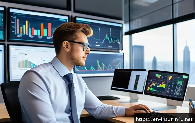 보험계리사와 실적 평가 기준 - A professional actuary working in a modern office environment, focused on multiple computer screens ...