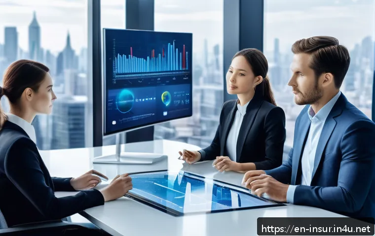 보험계리사와 비용 절감 사례 - A modern insurance office scene featuring a diverse team of actuaries analyzing large digital data d...