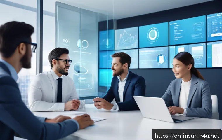 보험계리사와 보험산업 발전사 - A futuristic insurance office scene showing diverse actuaries and data scientists collaborating arou...