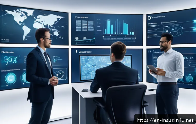 보험계리사와 제휴 보험상품 개발 - A futuristic insurance office scene showing a diverse group of actuaries and data scientists collabo...