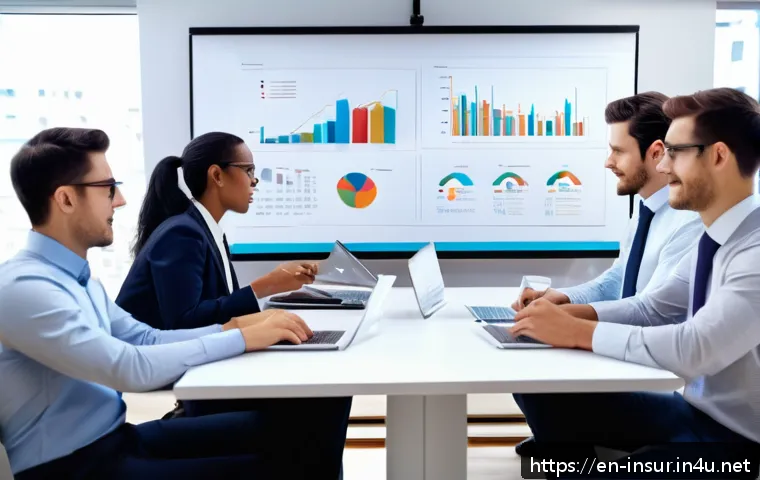 보험계리사와 전문 인증 프로그램 - A professional office scene showing a diverse group of young actuaries collaborating around a large ...