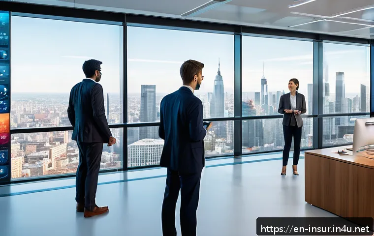 보험계리사와 미래 산업 변화 - A futuristic office environment where a diverse team of actuaries and data scientists collaborate in...
