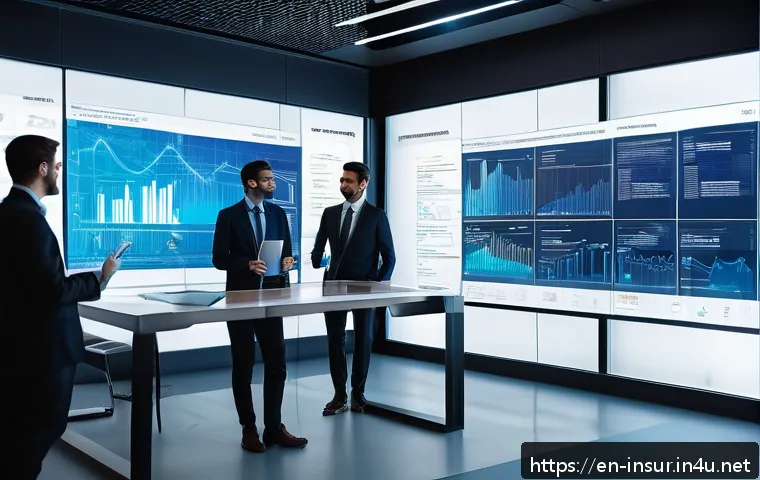 보험계리사와 고객 맞춤형 리스크 관리 - A modern office setting with a diverse team of actuaries analyzing large transparent digital screens...