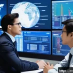 Home 23 보험계리사와 수익성 개선 사례 - A high-tech financial analyst office with large digital screens displaying real-time big data stream...