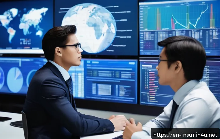 보험계리사와 수익성 개선 사례 - A high-tech financial analyst office with large digital screens displaying real-time big data stream...
