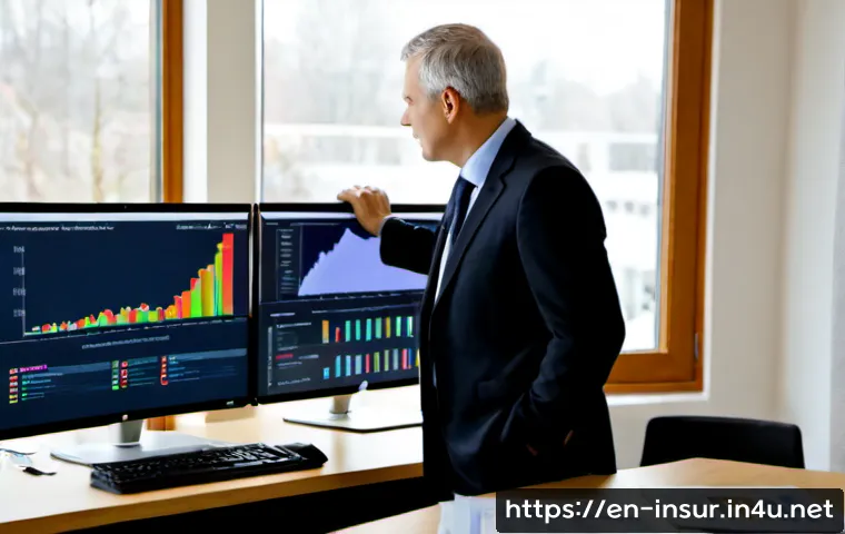 보험계리사와 보험 데이터의 미래 - Photorealistic modern insurance analytics office, confident middle-aged actuary reviewing risk trend...