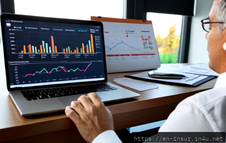 보험계리사와 자동화 보험 처리 - Photorealistic insurance actuary at a clean modern office desk, middle-aged professional reviewing p...