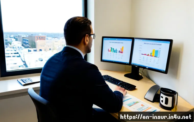 보험계리사 실무 도구 활용법 - Photorealistic actuarial analyst in a modern American insurance office, seated at a clean desk with ...
