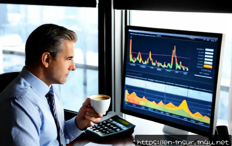 보험계리사와 리스크 기반 의사결정 - Photorealistic insurance actuary in a modern American financial office, middle-aged professional rev...